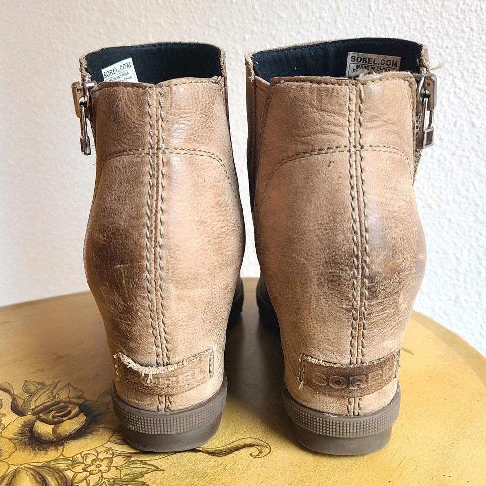 Sorel Joan of Arctic‎ II Leather US 7 Wedge Boots Booties Zip Up Tan Nubuck - Picture 4 of 9